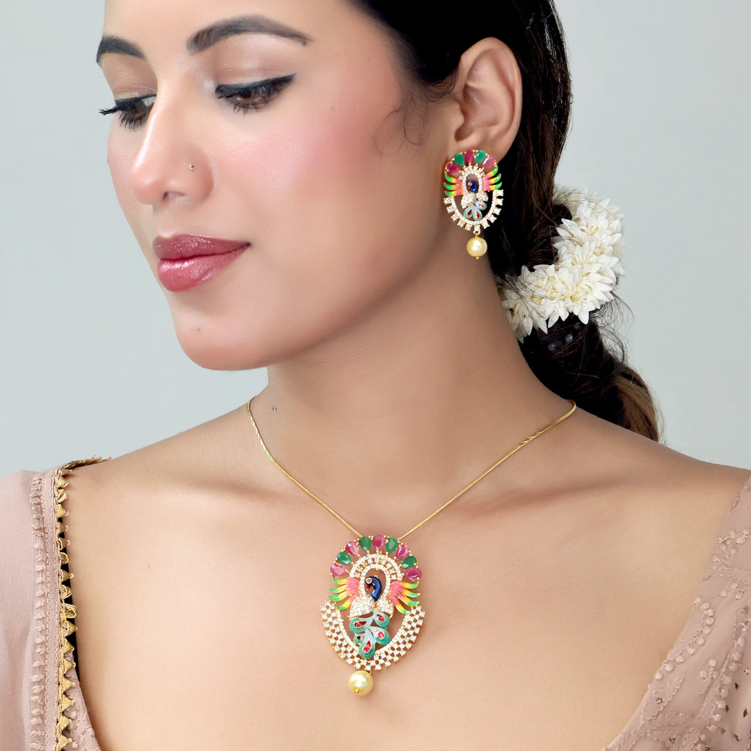 Vibrant Peacock Meenakari Pendant Necklace Set