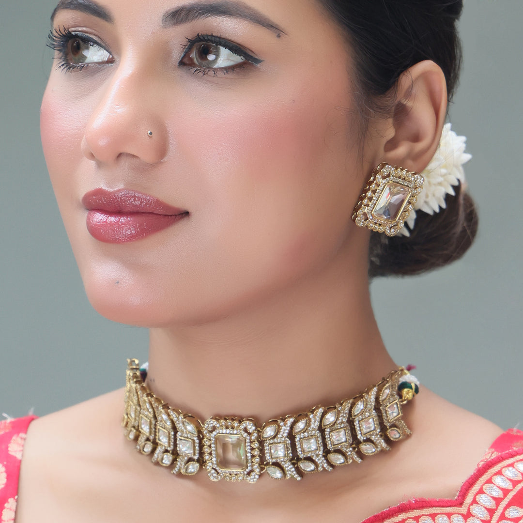 Royal Kundan Choker Set with Rectangular Stone Centerpiece