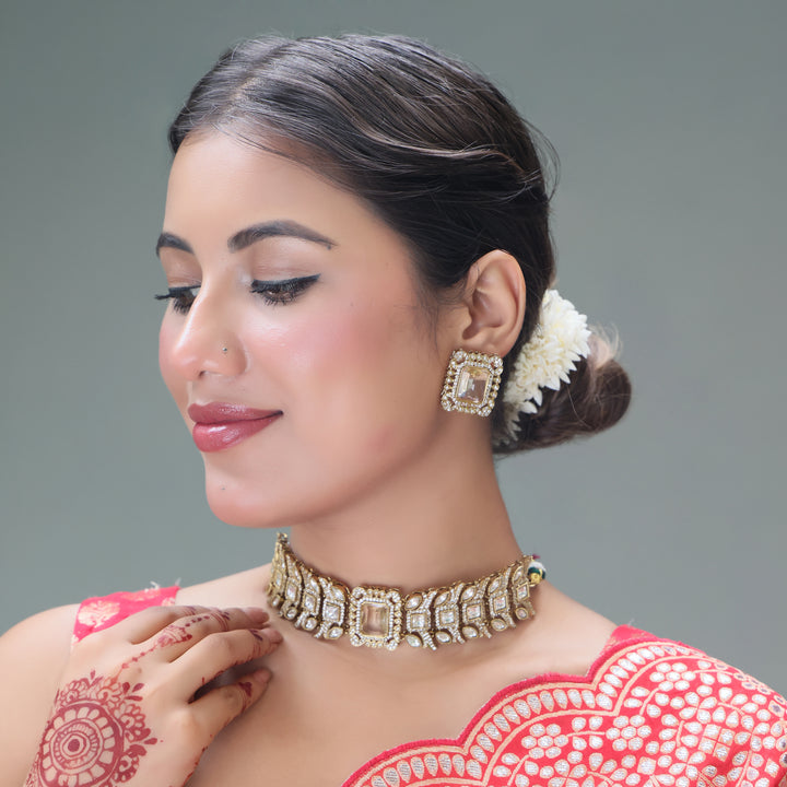 Royal Kundan Choker Set with Rectangular Stone Centerpiece