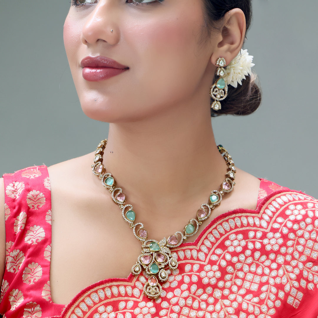 Dual-Tone Pastel Pink & Green Kundan Necklace Set - Pink & Green