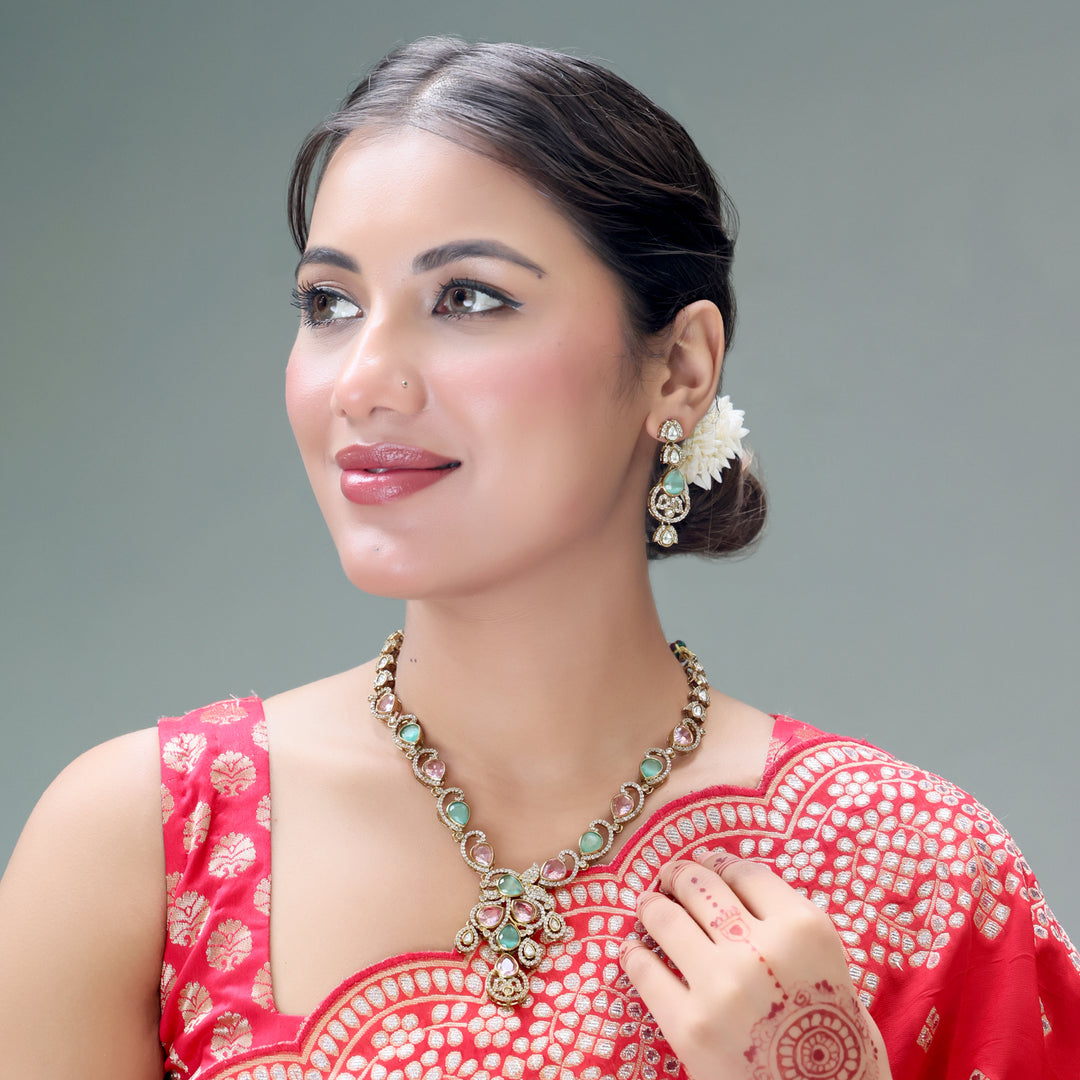 Dual-Tone Pastel Pink & Green Kundan Necklace Set - Pink & Green