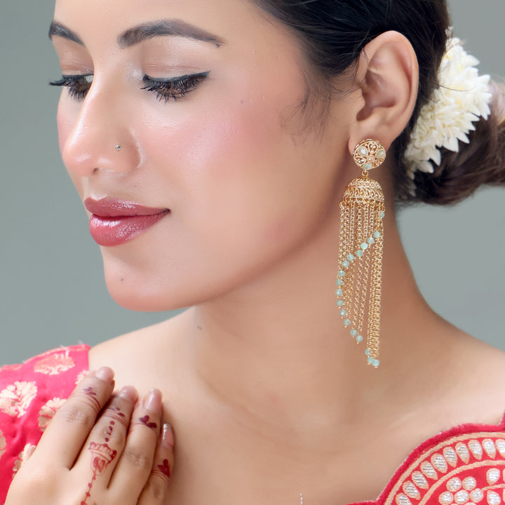 Gold Tassel Dome Earrings with Mint Beads