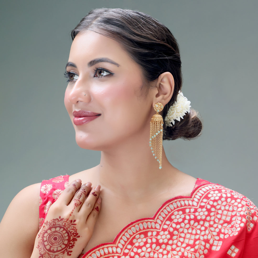 Gold Tassel Dome Earrings with Mint Beads