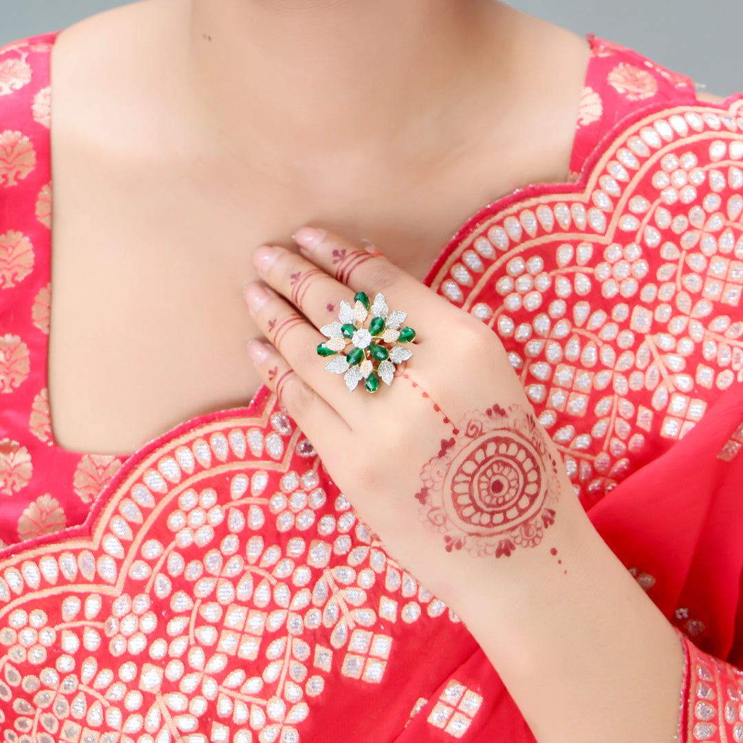 Emerald & Diamond Look Floral Statement Ring