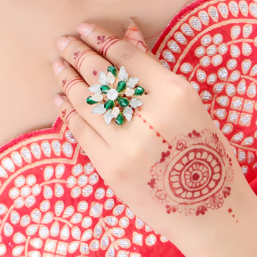 Emerald & Diamond Look Floral Statement Ring