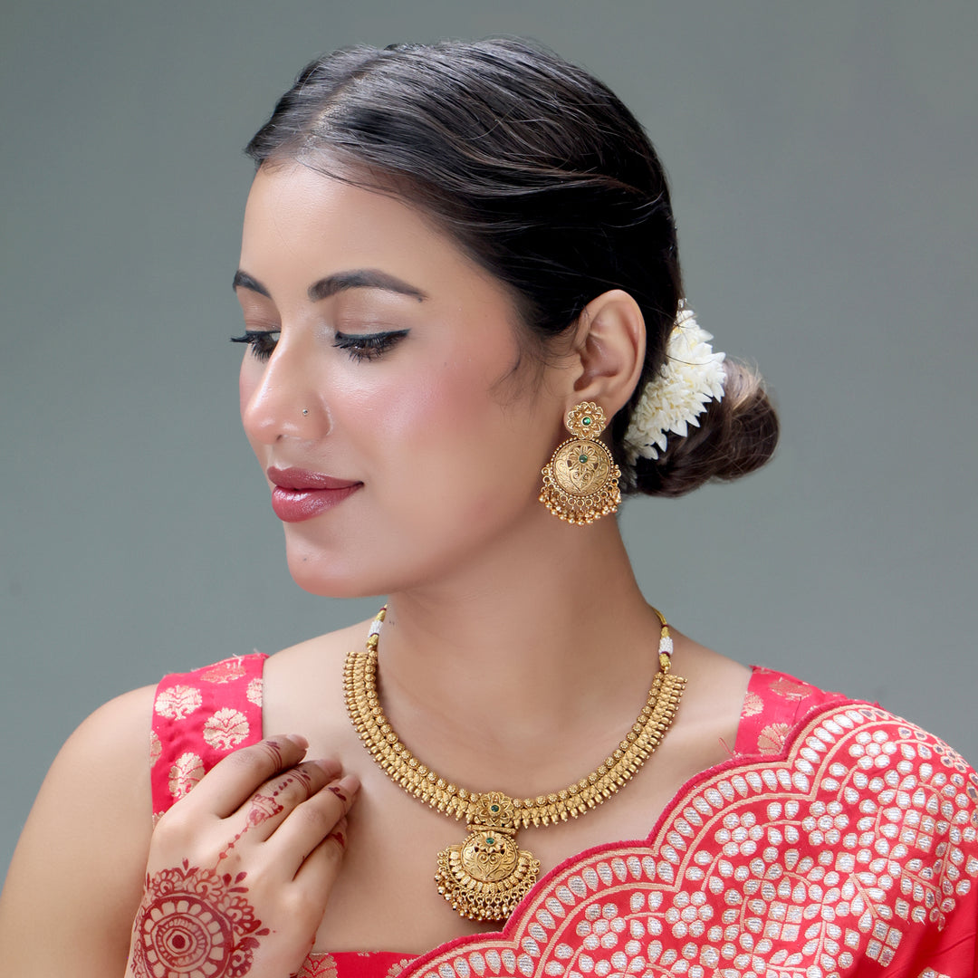 Antique Gold Temple Necklace Set with Emerald Detailing