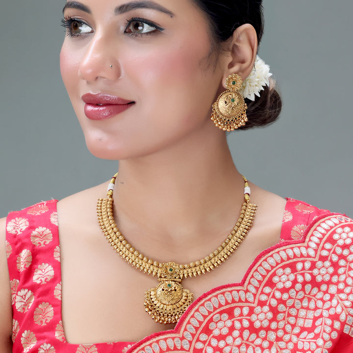 Antique Gold Temple Necklace Set with Emerald Detailing