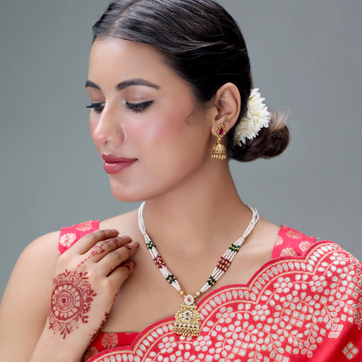 Temple Goddess Pendant Pearl Necklace Set