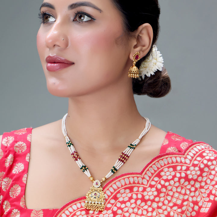 Temple Goddess Pendant Pearl Necklace Set