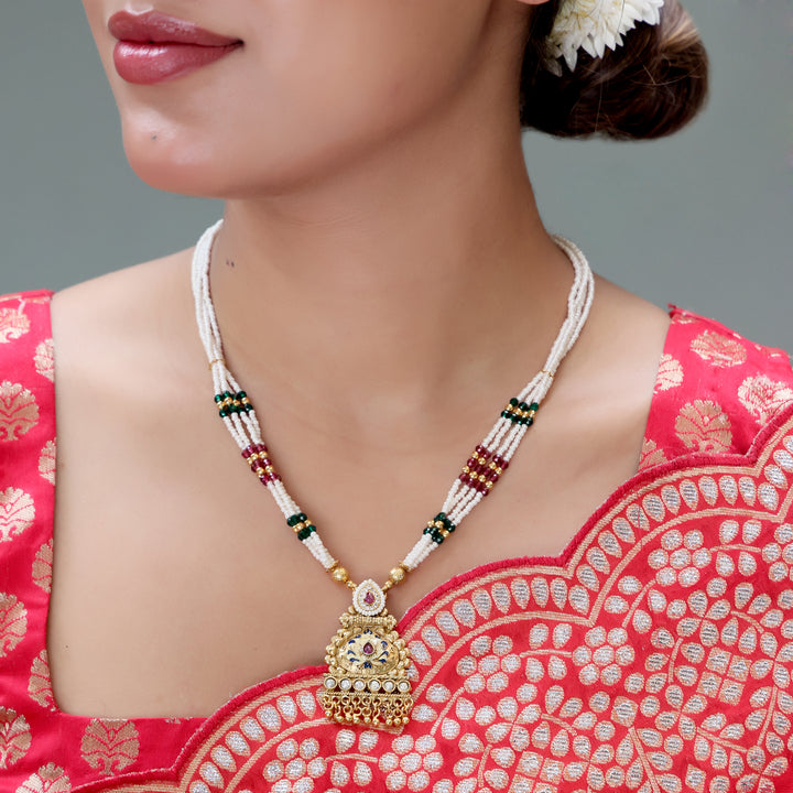 Temple Goddess Pendant Pearl Necklace Set