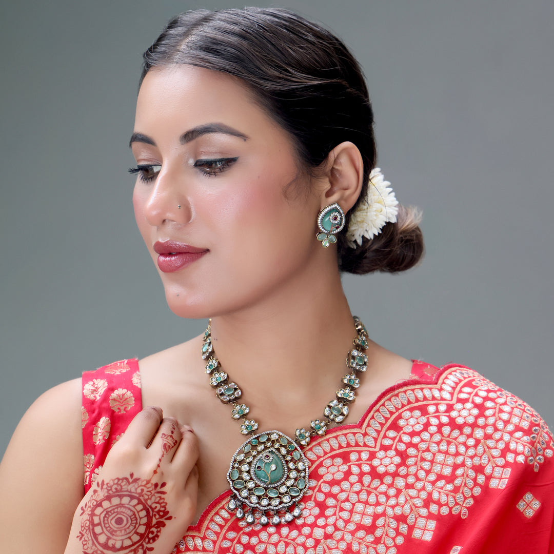 Emerald Peacock Kundan Necklace Set
