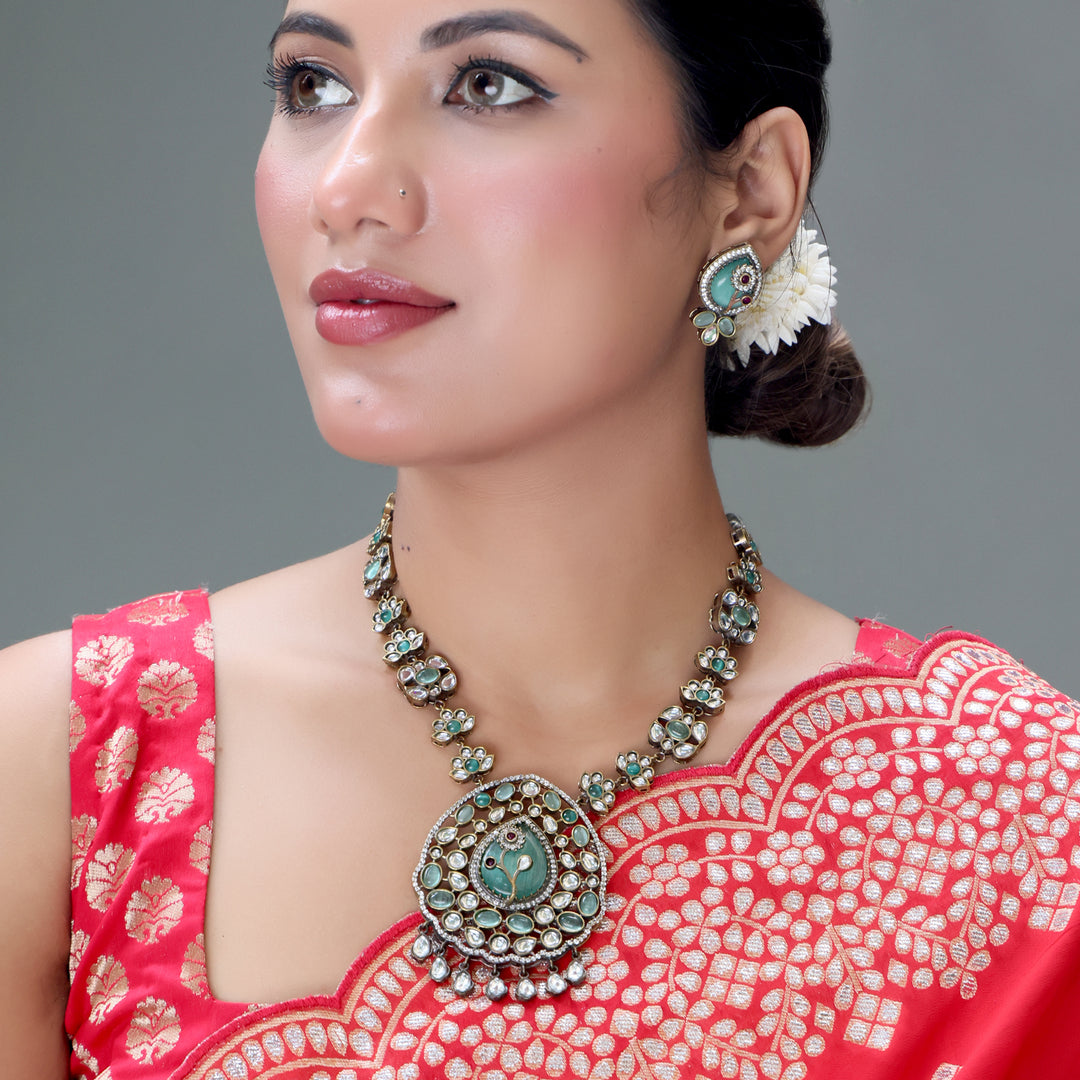 Emerald Peacock Kundan Necklace Set