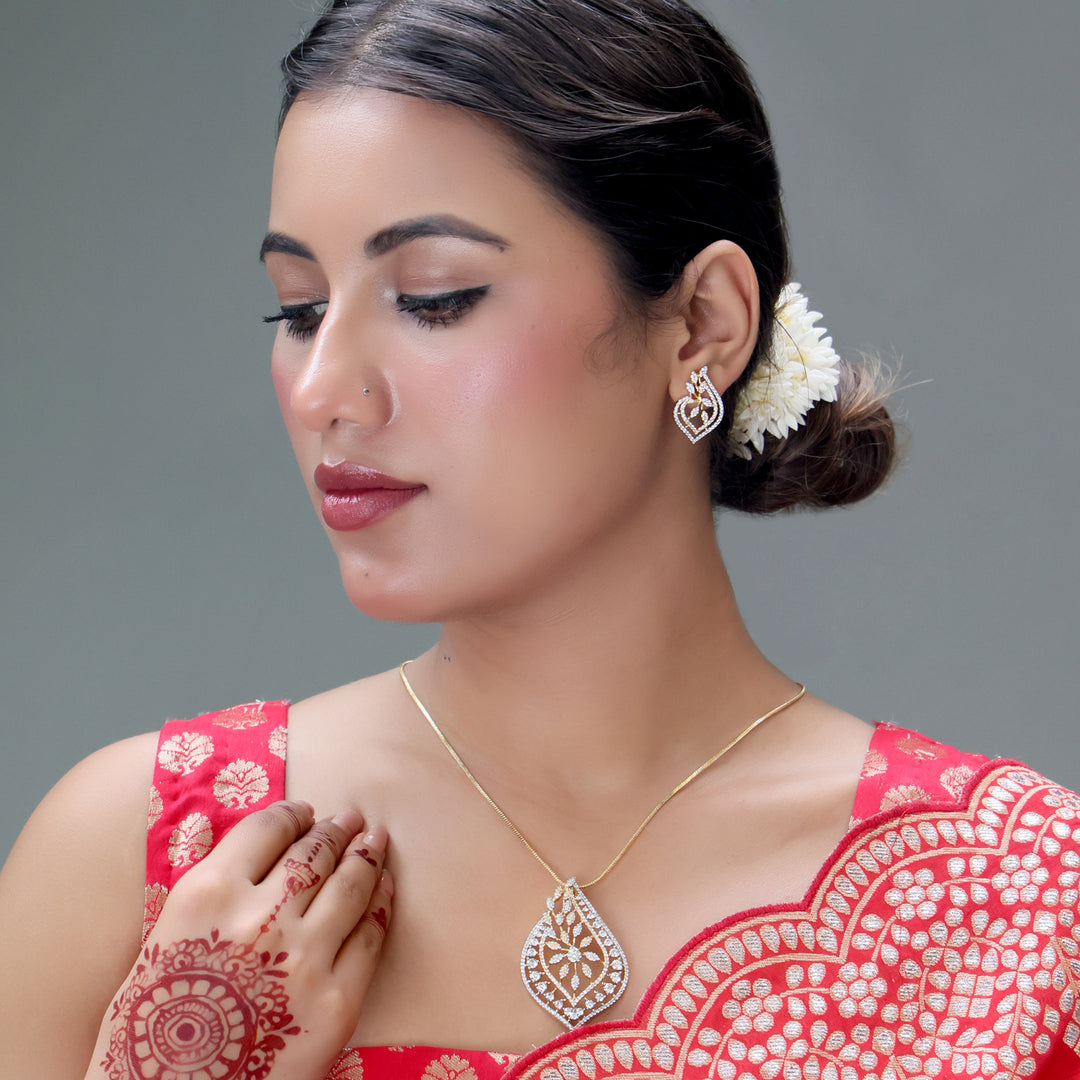 Elegant Leaf-Cut CZ Pendant Set (Gold Finish)