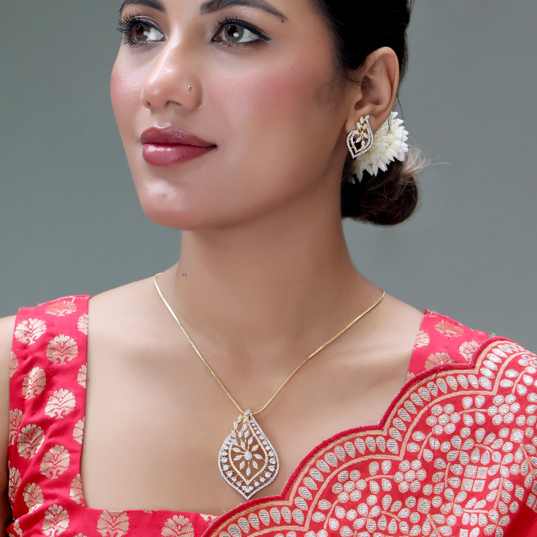 Elegant Leaf-Cut CZ Pendant Set (Gold Finish)