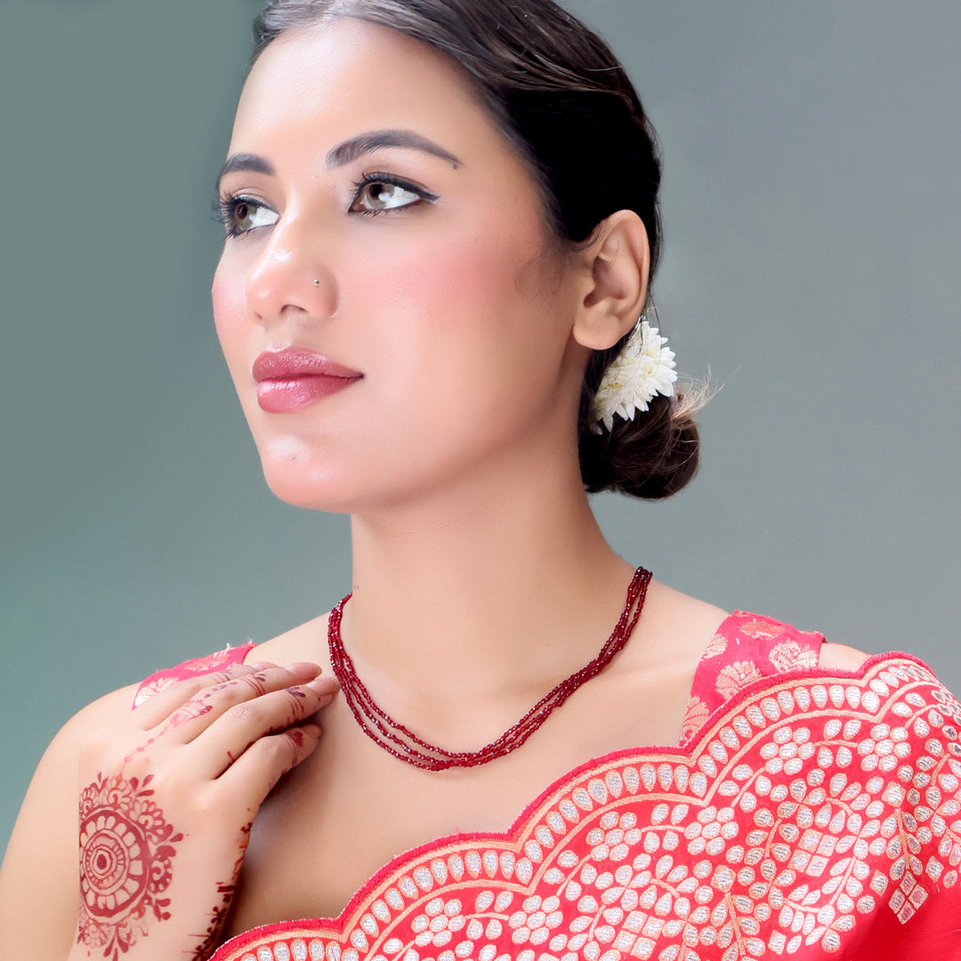 Crimson Glow Beaded String Necklace Set