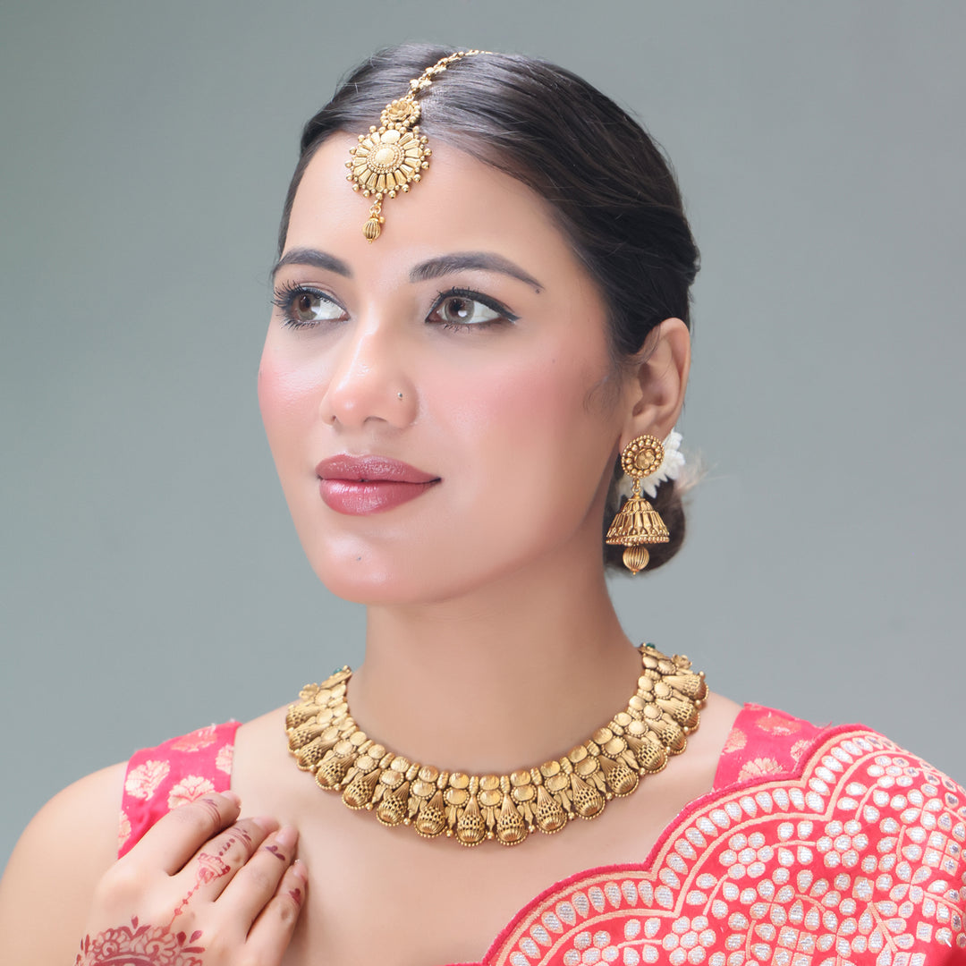 Antique Gold Temple Necklace Set with Jhumka Earrings & Maang Tikka