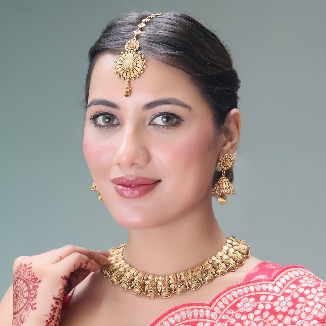 Antique Gold Temple Necklace Set with Jhumka Earrings & Maang Tikka
