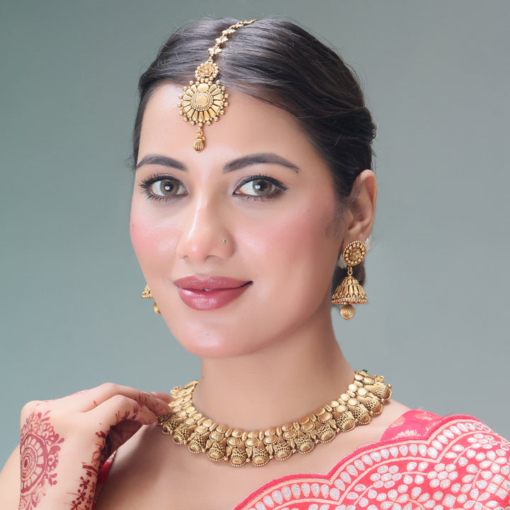 Antique Gold Temple Necklace Set with Jhumka Earrings & Maang Tikka