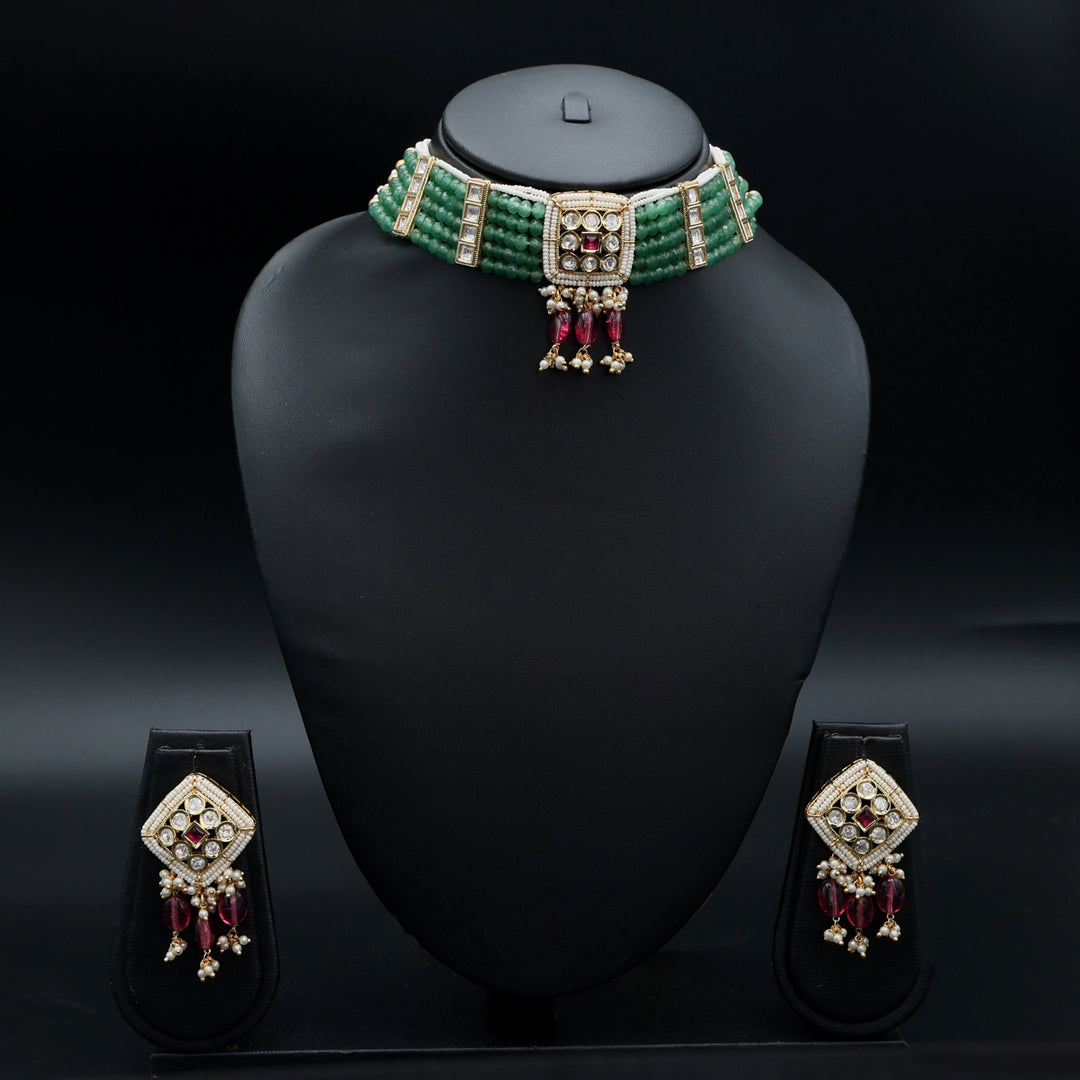 Emerald Kundan Pearl Choker & Earrings Set