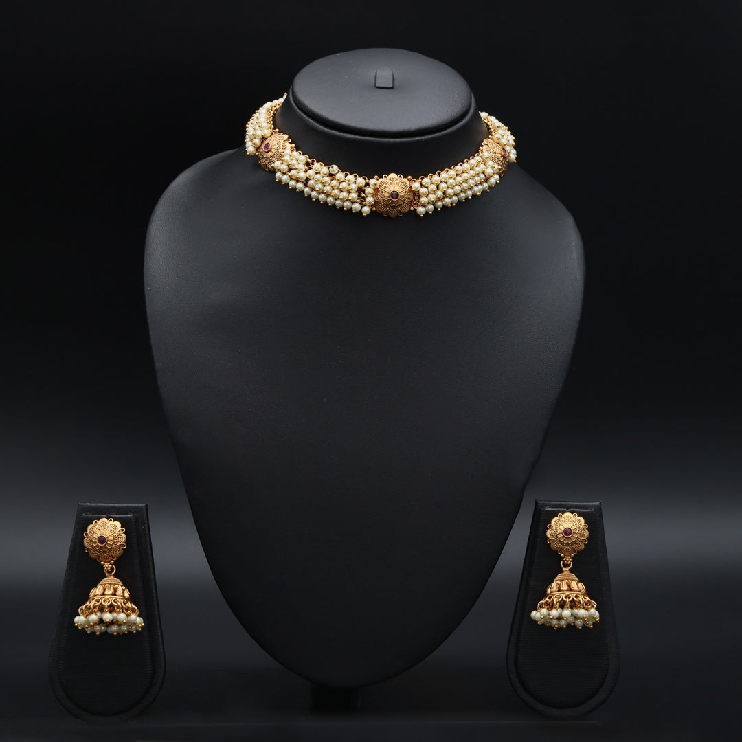 Antique Gold Pearl Choker Necklace & Jhumka Earrings Set