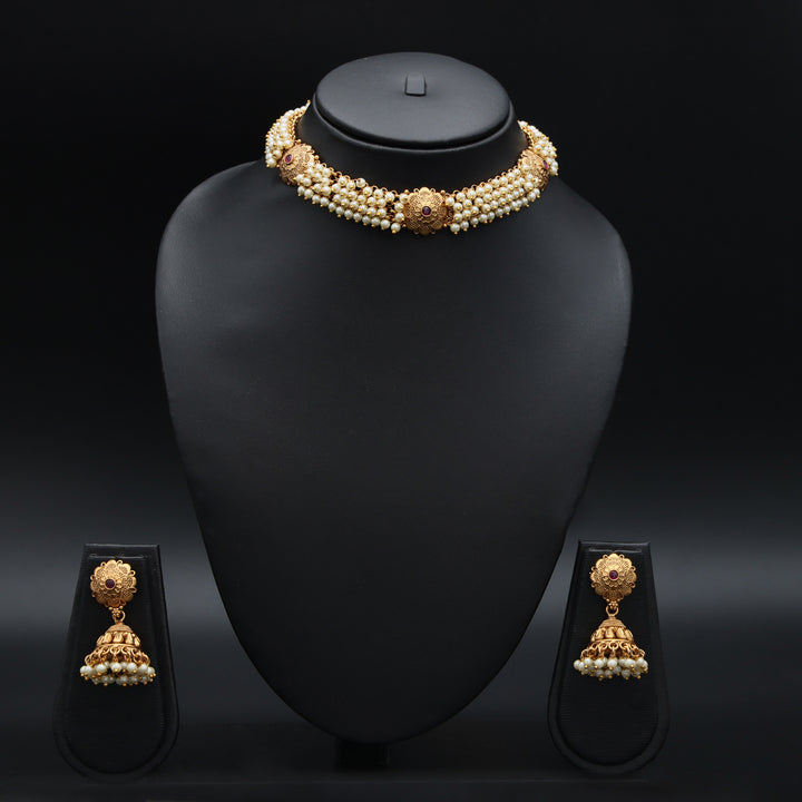Antique Gold Pearl Choker Necklace & Jhumka Earrings Set