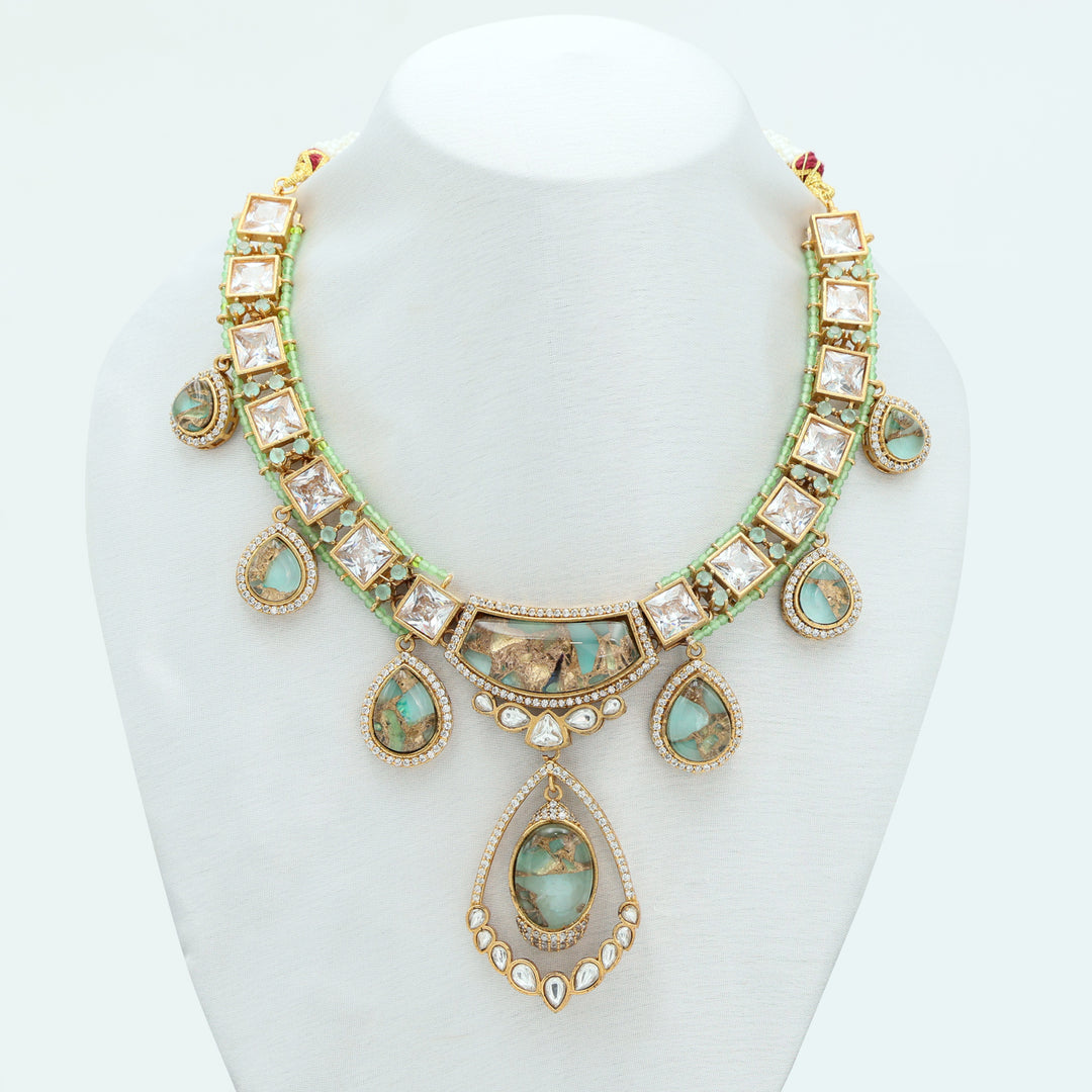 Mint Green Kundan Necklace & Earrings Set