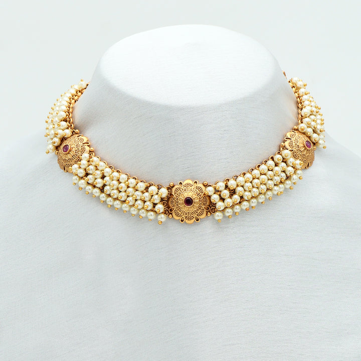 Antique Gold Pearl Choker Necklace & Jhumka Earrings Set