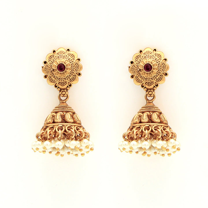 Antique Gold Pearl Choker Necklace & Jhumka Earrings Set