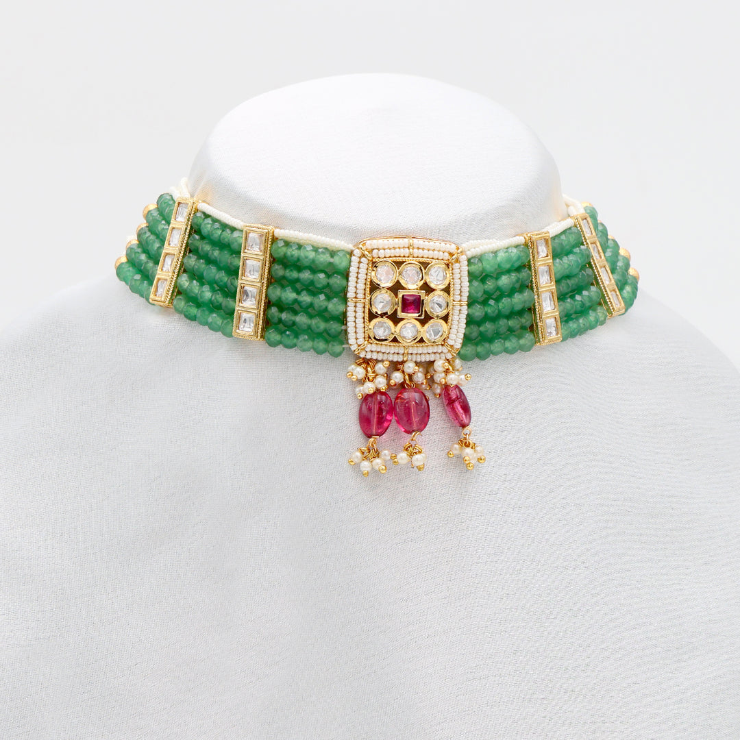 Emerald Kundan Pearl Choker & Earrings Set