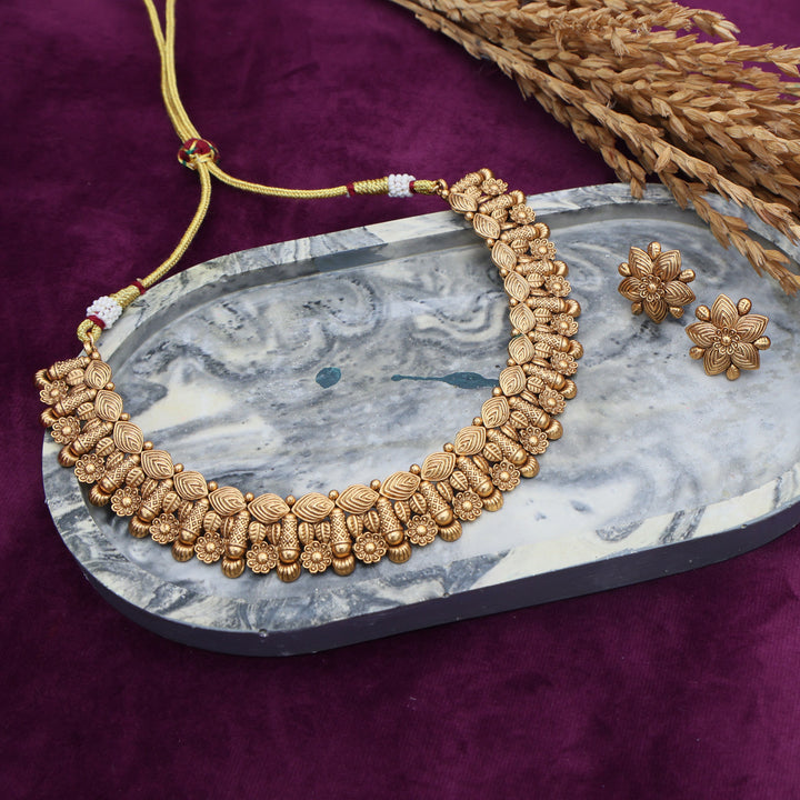 Antique Gold Temple Necklace Set with Floral Detailing