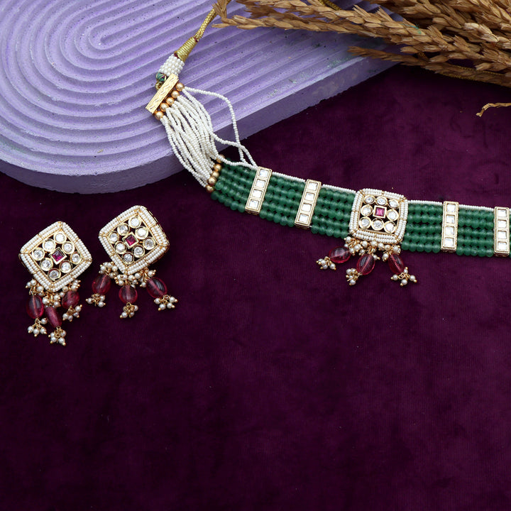 Emerald Kundan Pearl Choker & Earrings Set