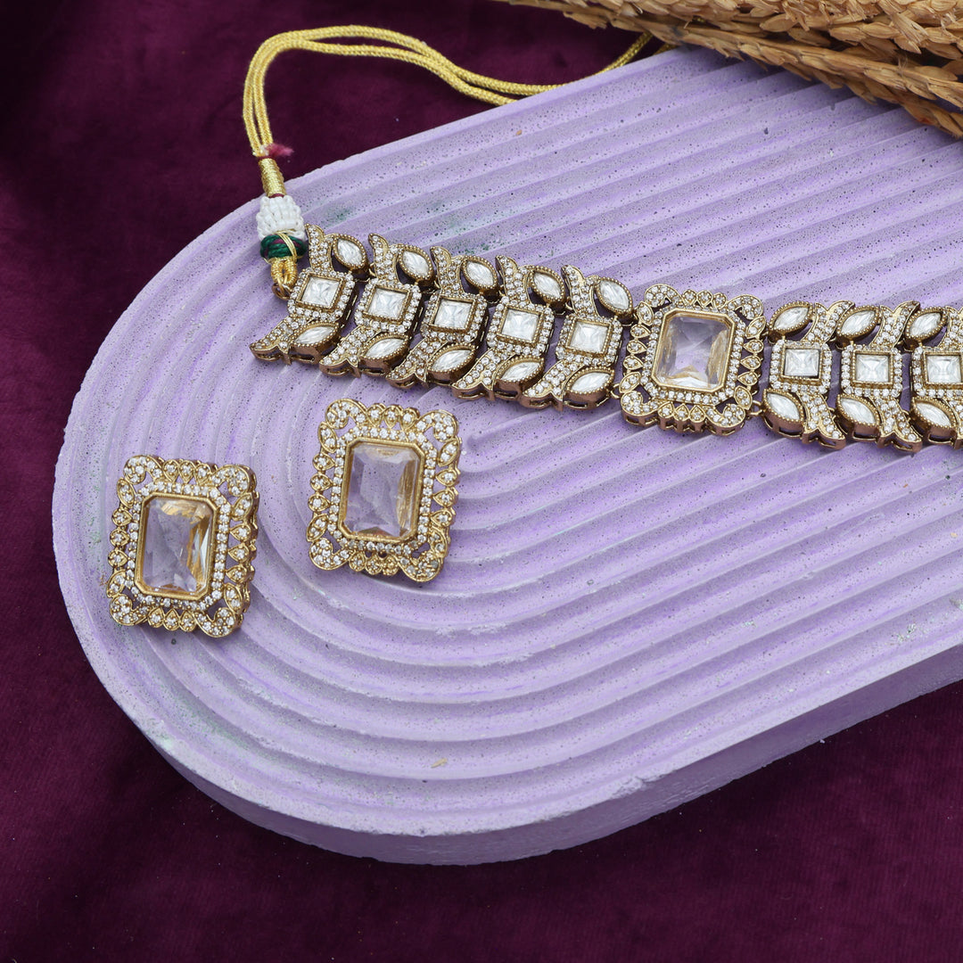 Royal Kundan Choker Set with Rectangular Stone Centerpiece