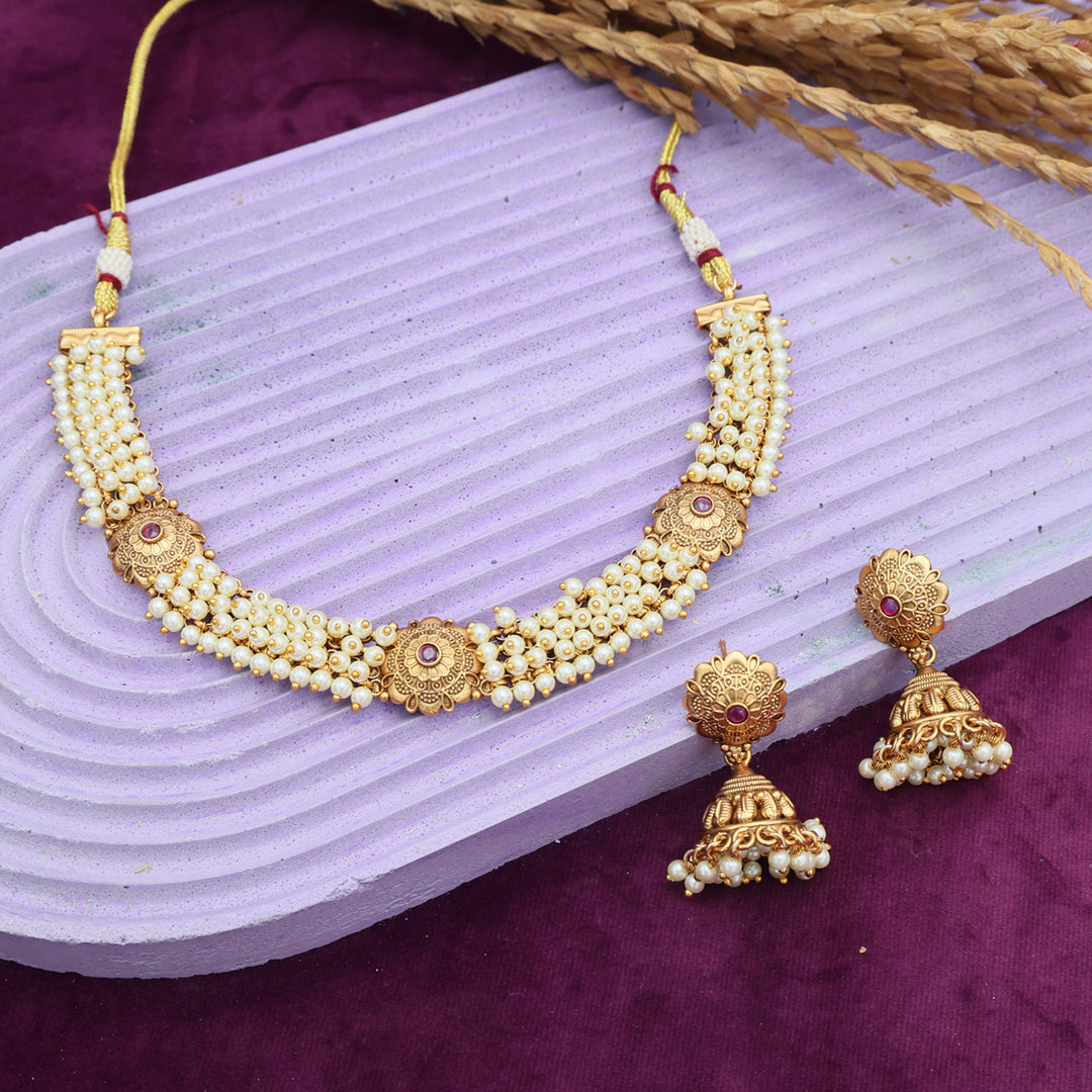 Antique Gold Pearl Choker Necklace & Jhumka Earrings Set