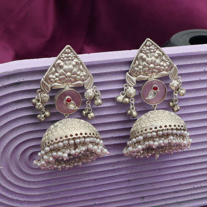 Silver Oxidised Dome Jhumka Earrings with Pearl Drops