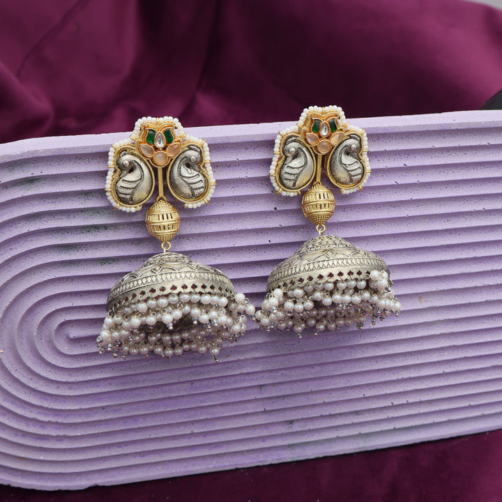 Regal Silver Oxidised Temple Jhumka Earrings
