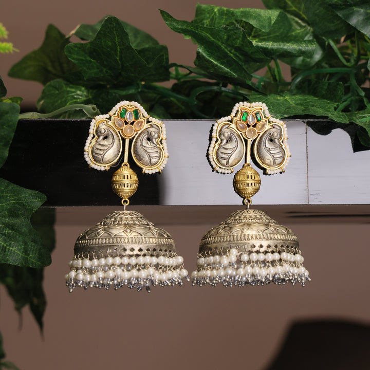 Regal Silver Oxidised Temple Jhumka Earrings