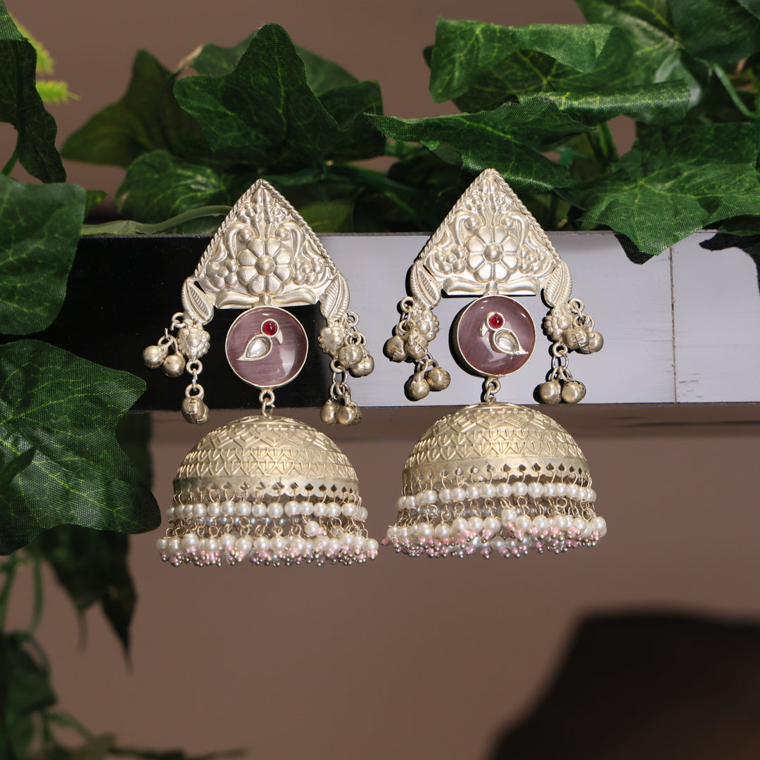 Silver Oxidised Dome Jhumka Earrings with Pearl Drops