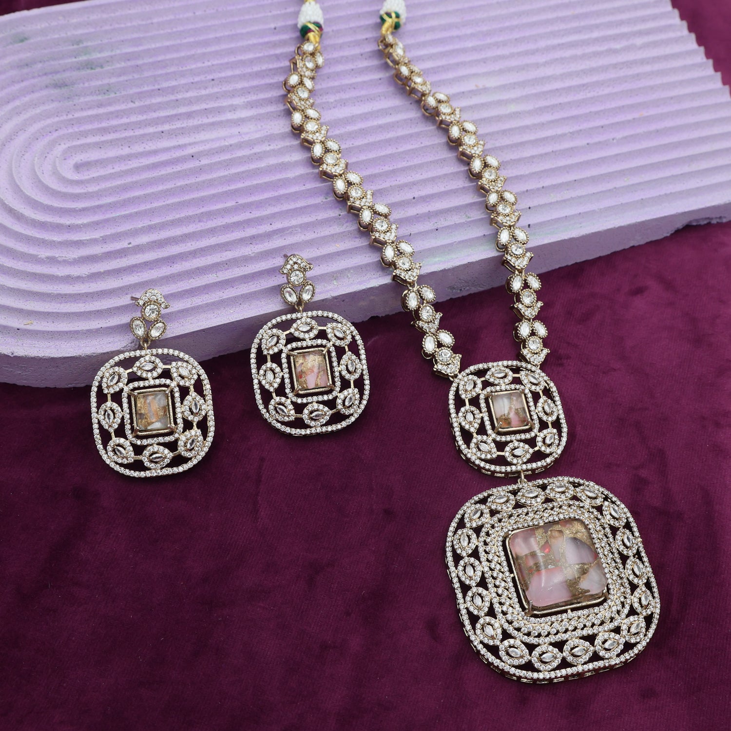 Royal Square AD Long Necklace Set with Matching Earrings