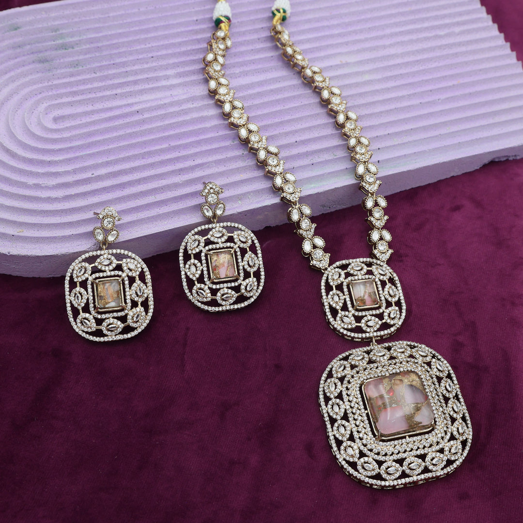 Royal Square AD Long Necklace Set with Matching Earrings