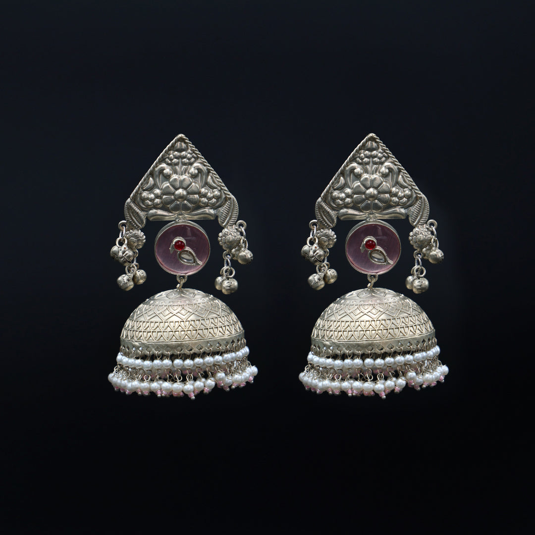 Silver Oxidised Dome Jhumka Earrings with Pearl Drops