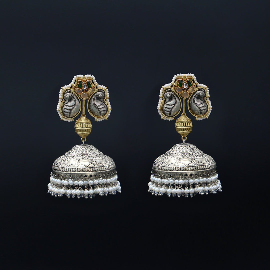 Regal Silver Oxidised Temple Jhumka Earrings