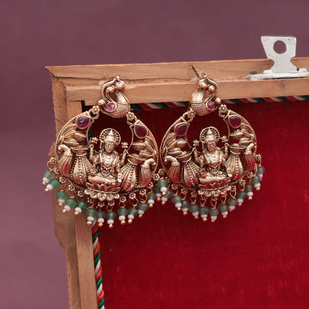 Temple Goddess Motif Earrings with Green Beads