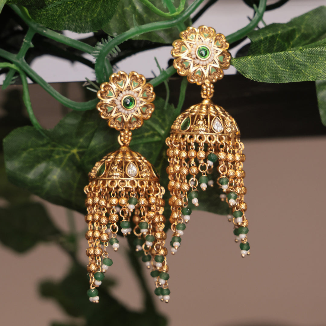 Green Beaded Dome Jhumka Earrings
