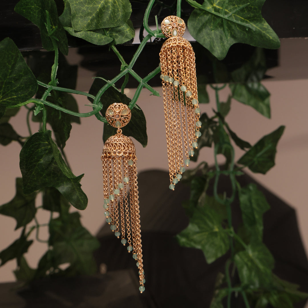 Gold Tassel Dome Earrings with Mint Beads
