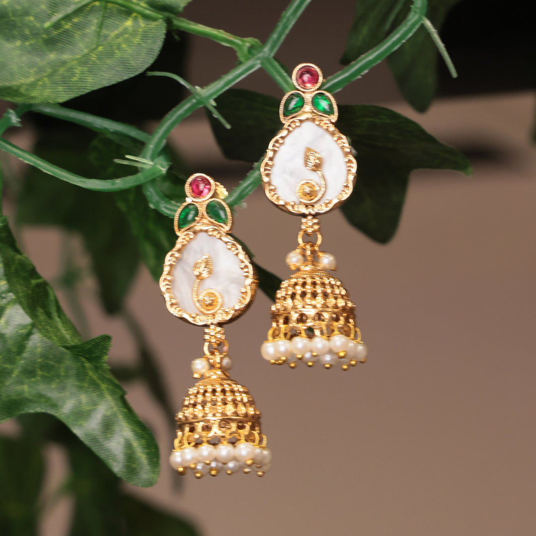 Pearl Drop Polki Jhumka with Red-Green Accents