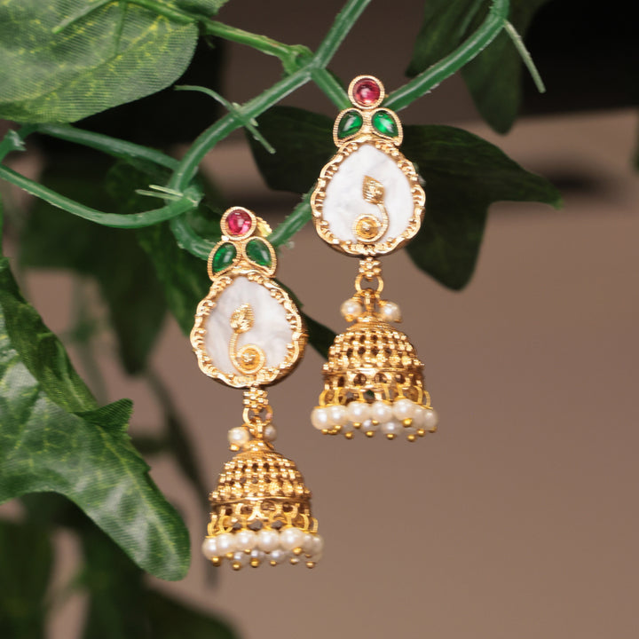 Pearl Drop Polki Jhumka with Red-Green Accents
