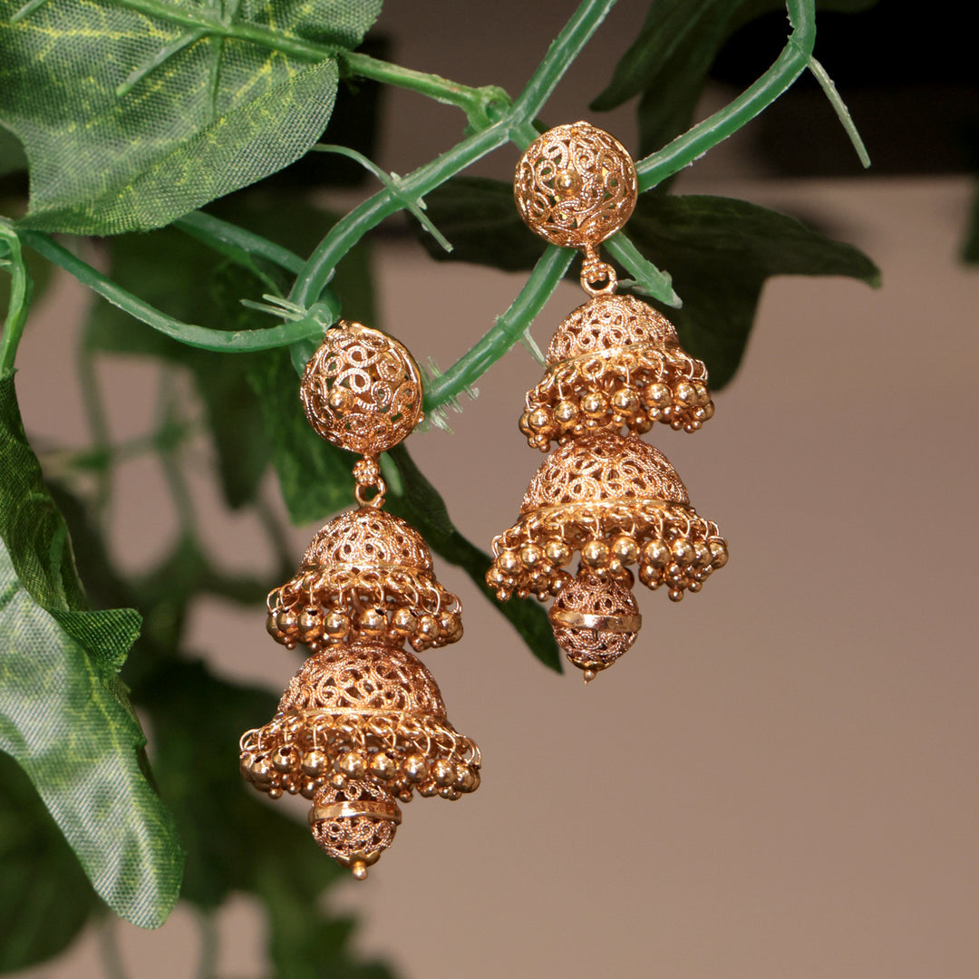 Triple Dome Filigree Jhumka - Gold