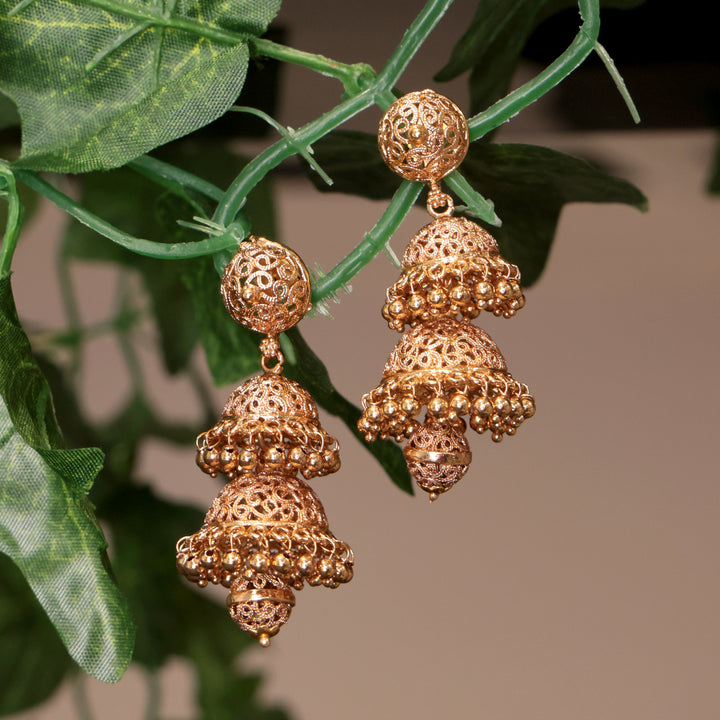 Triple Dome Filigree Jhumka - Gold