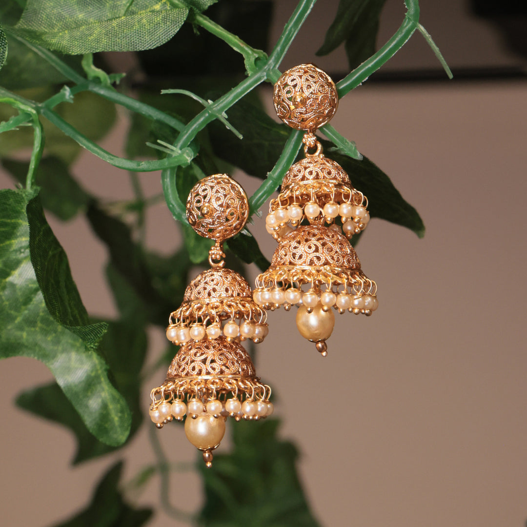 Triple Dome Filigree Jhumka - Moti