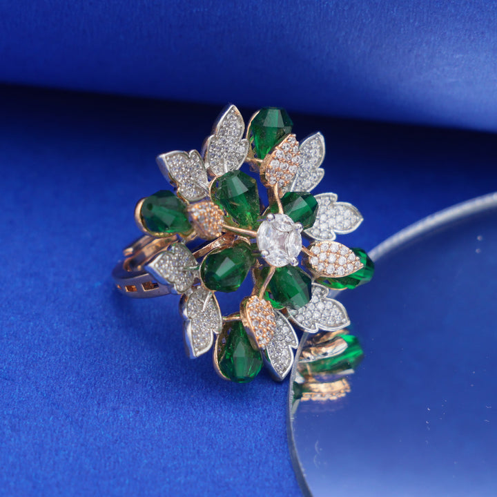 Emerald & Diamond Look Floral Statement Ring